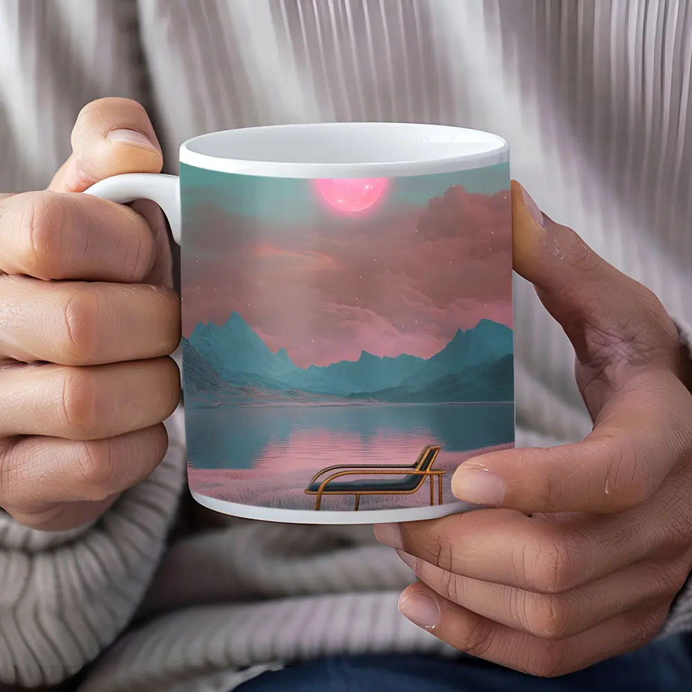Surreal Pink Moon Mountains Lake Lounge Chair – Mugs