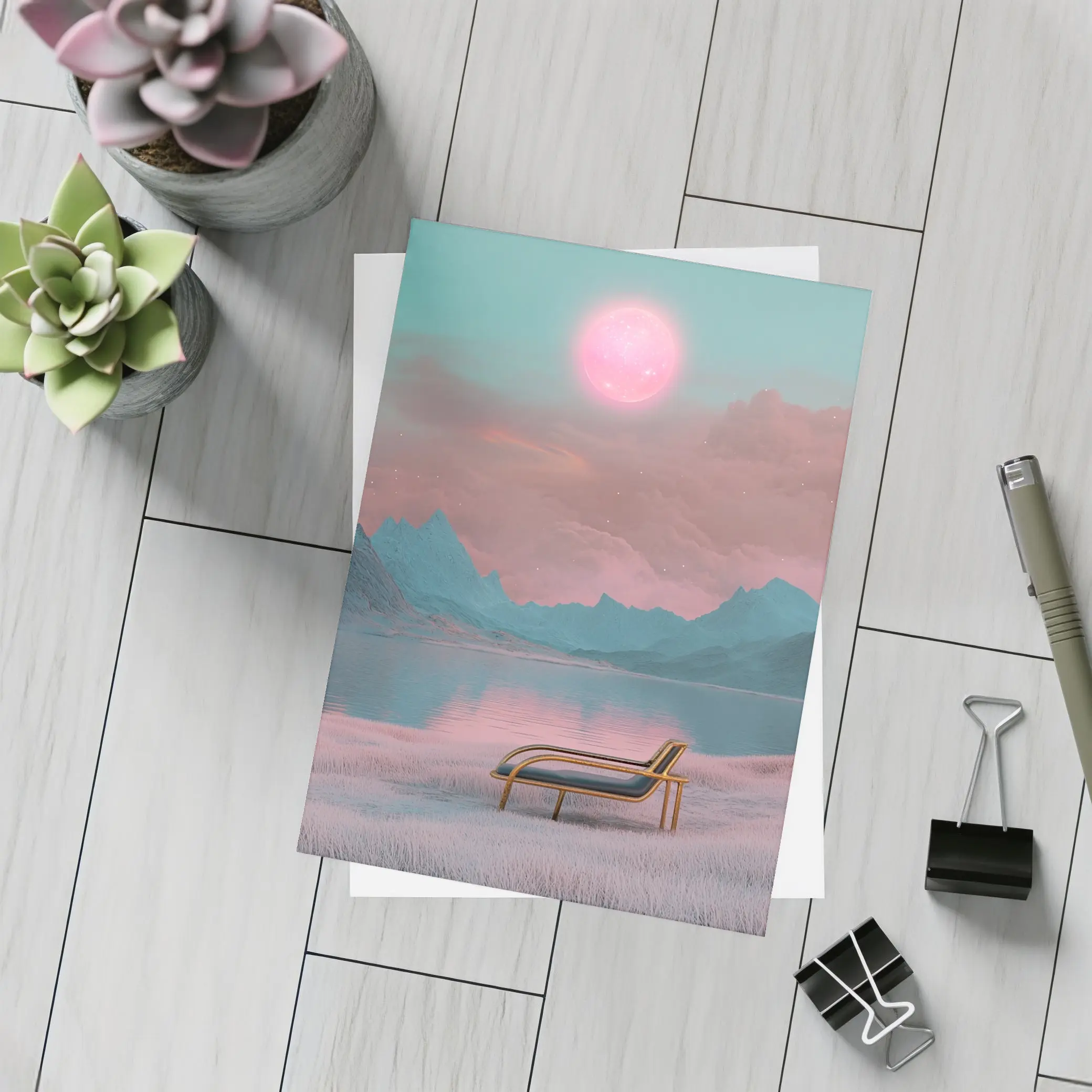 Surreal Pink Moon Mountains Lake Lounge Chair – Postcards