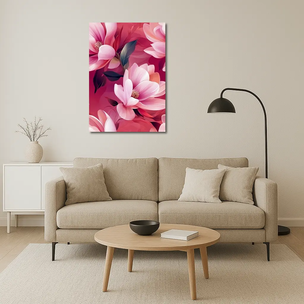 Pink Magnolia Flowers On Red Background – Wall Art