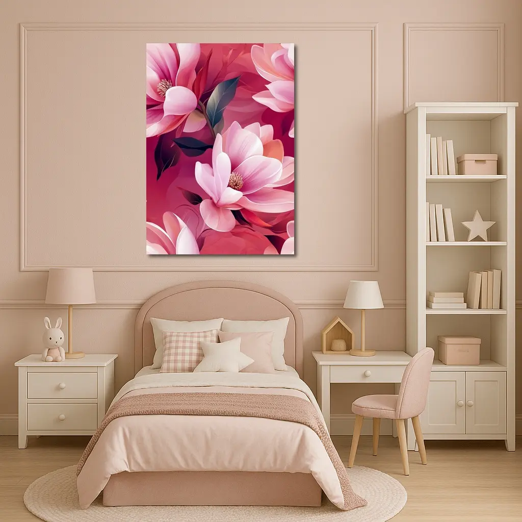 Pink Magnolia Flowers On Red Background – Wall Art