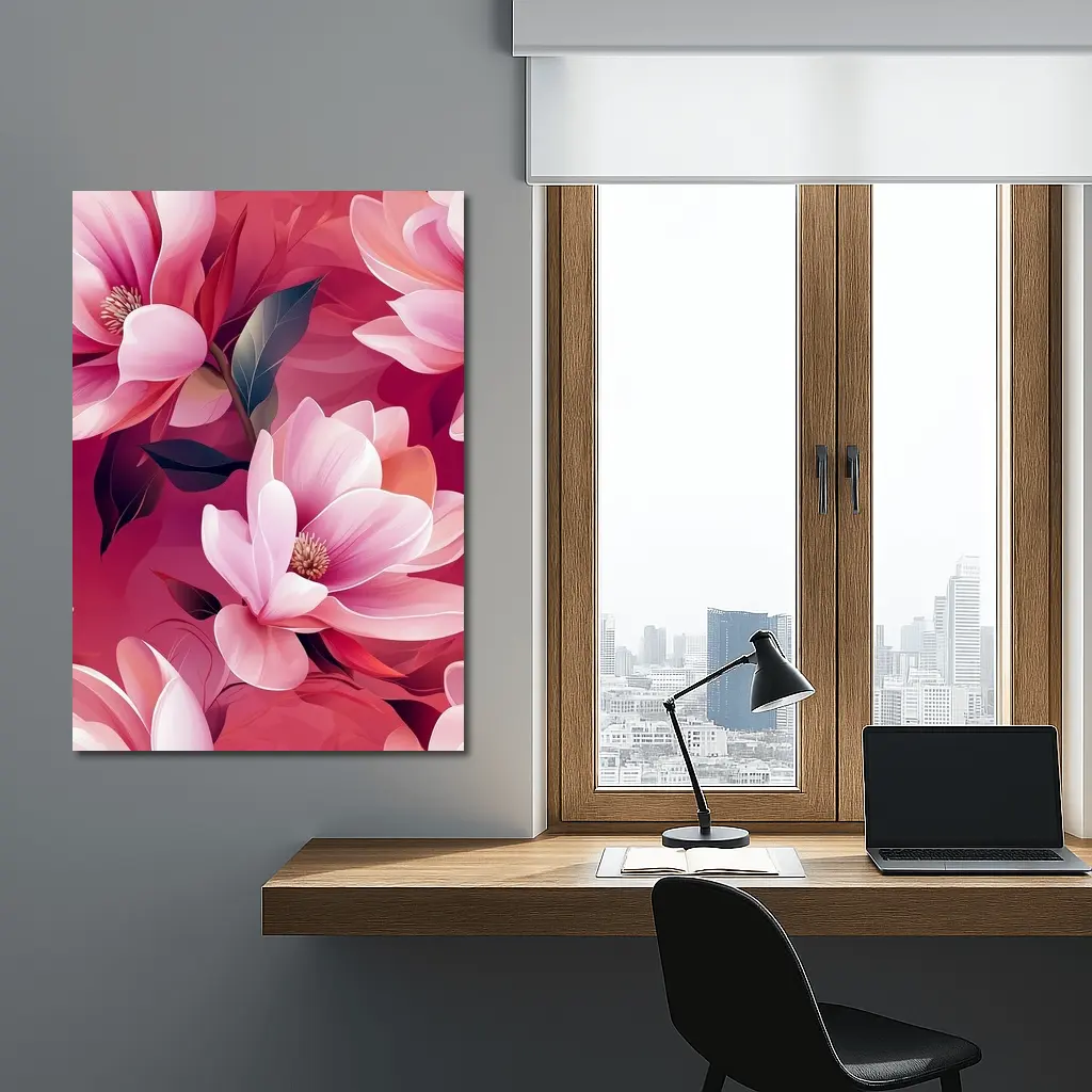 Pink Magnolia Flowers On Red Background – Wall Art