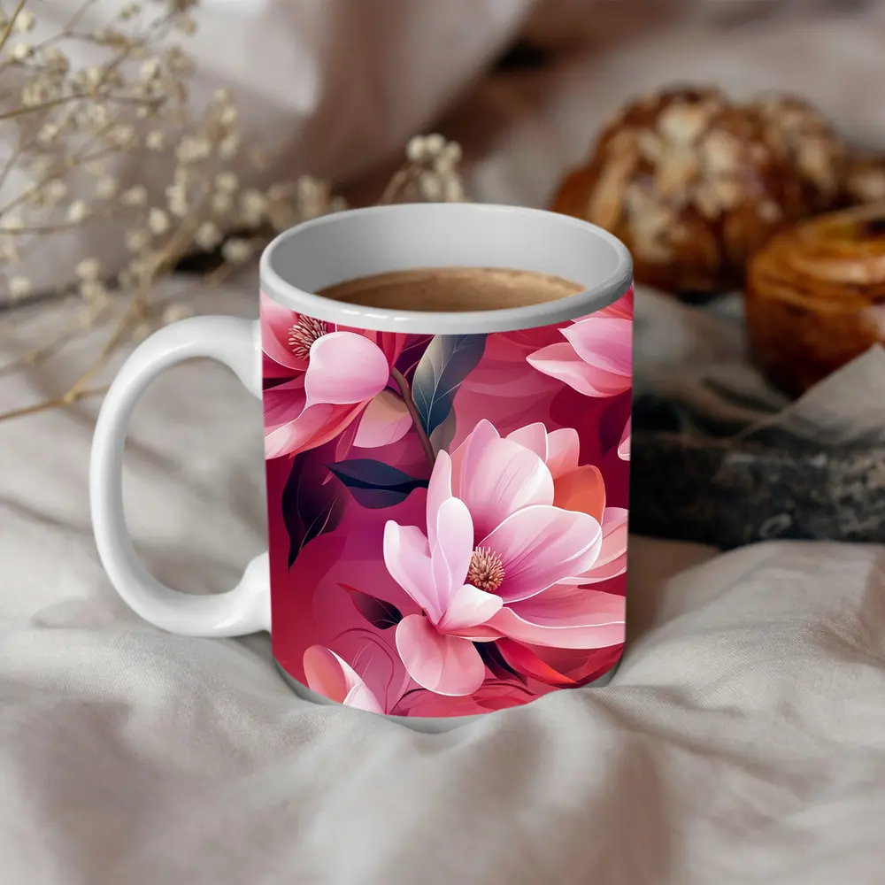 Pink Magnolia Flowers On Red Background – Mugs
