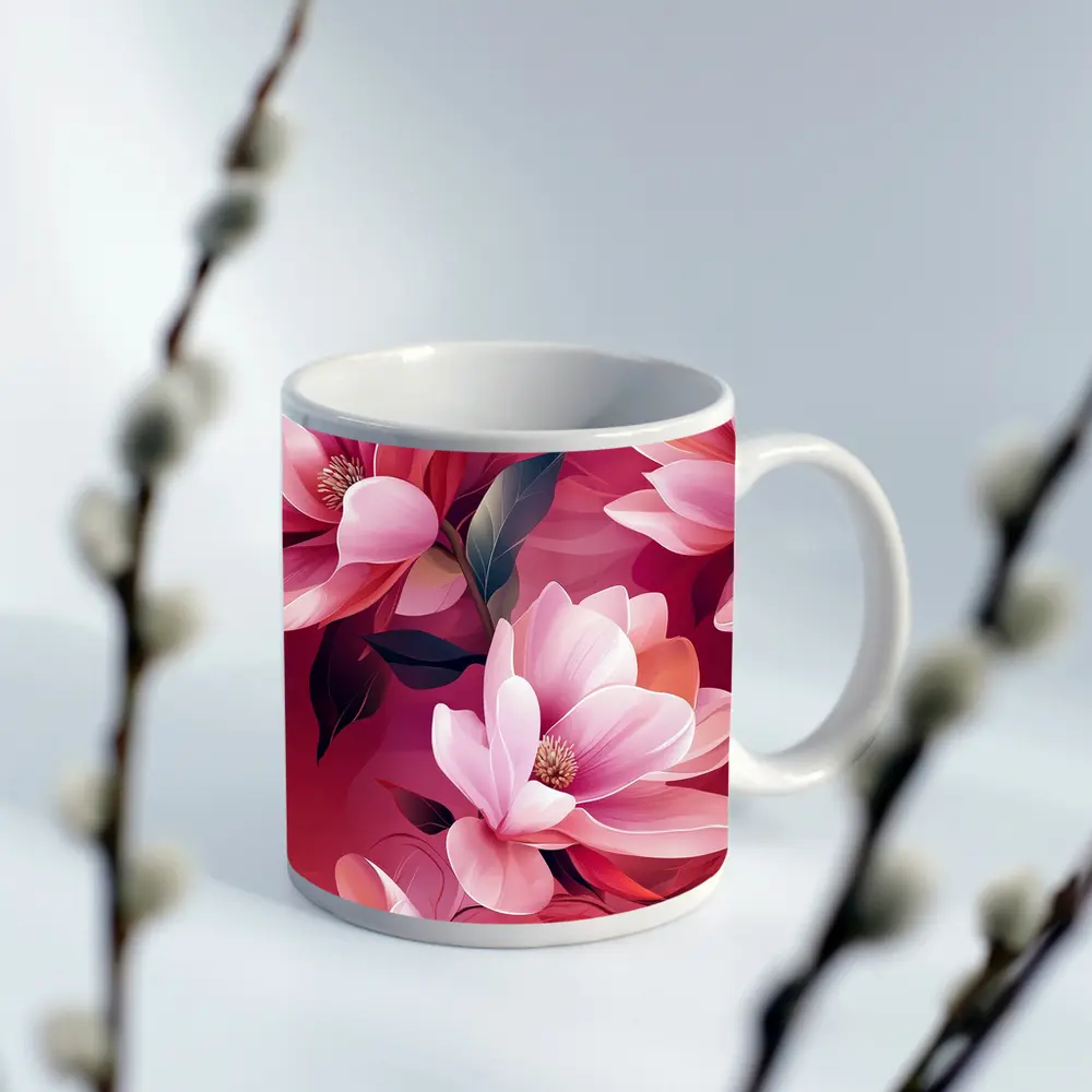 Pink Magnolia Flowers On Red Background – Mugs