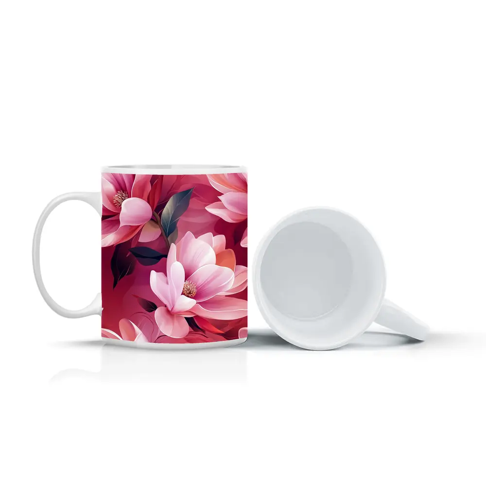 Pink Magnolia Flowers On Red Background – Mugs
