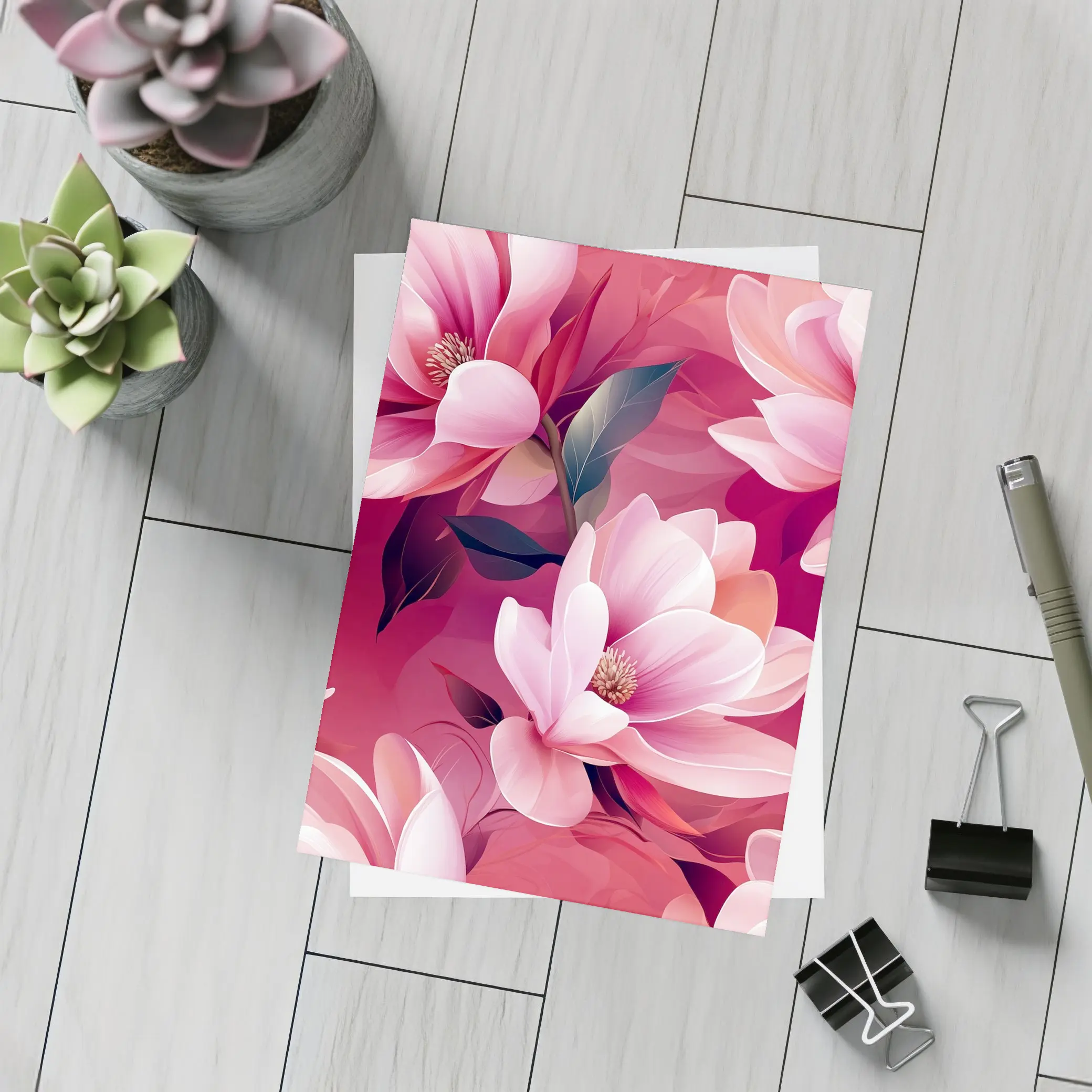Pink Magnolia Flowers On Red Background – Postcards