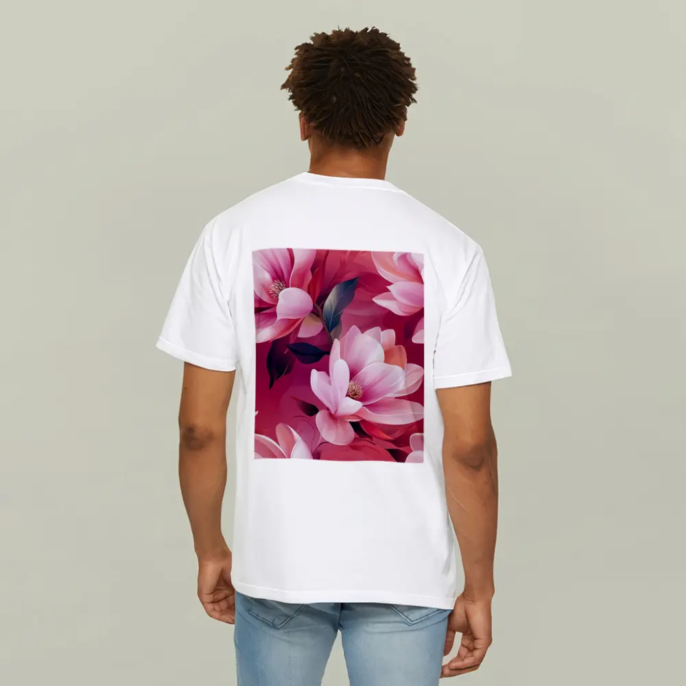 Pink Magnolia Flowers On Red Background – T-Shirts