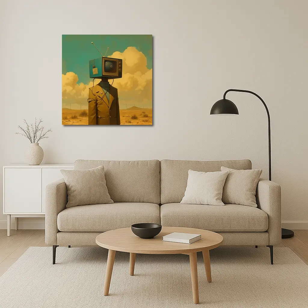 Retro TV Head Man Desert Surreal Art – Wall Art