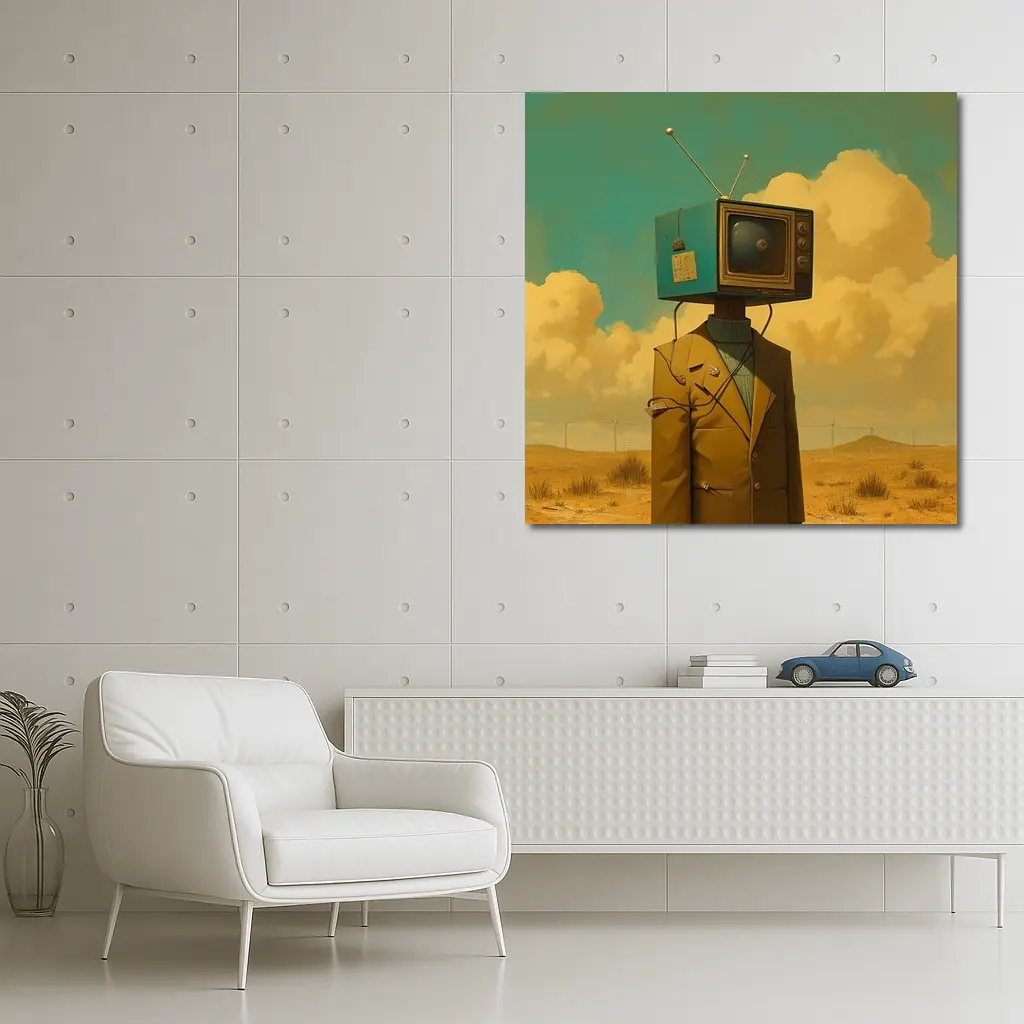 Retro TV Head Man Desert Surreal Art – Wall Art