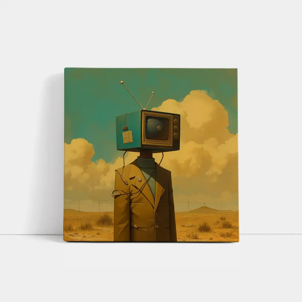 Retro TV Head Man Desert Surreal Art – Wall Art