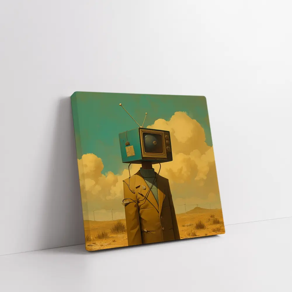 Retro TV Head Man Desert Surreal Art – Wall Art