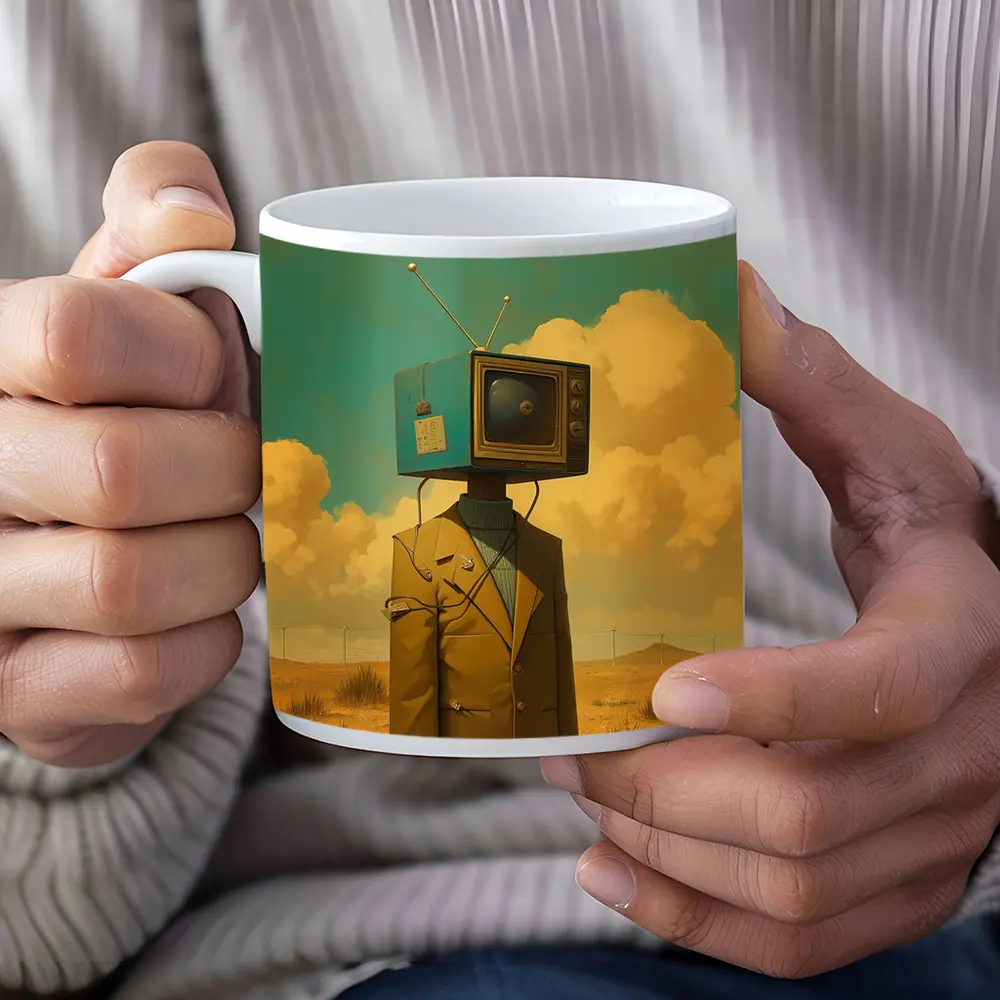 Retro TV Head Man Desert Surreal Art – Mugs