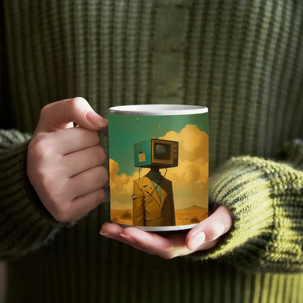 Retro TV Head Man Desert Surreal Art – Mugs
