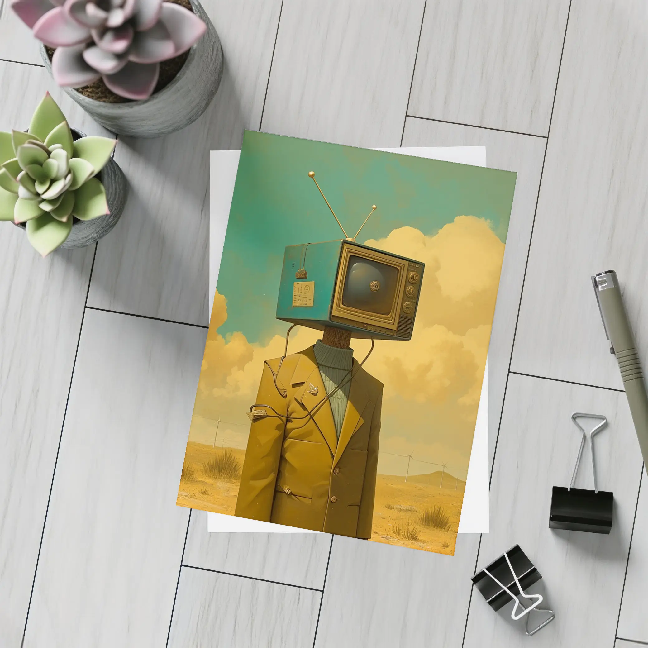 Retro TV Head Man Desert Surreal Art – Postcards