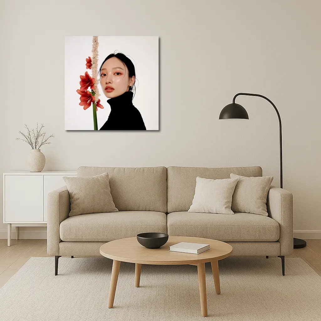 Asian Woman Portrait Red Amaryllis Flowers – Wall Art
