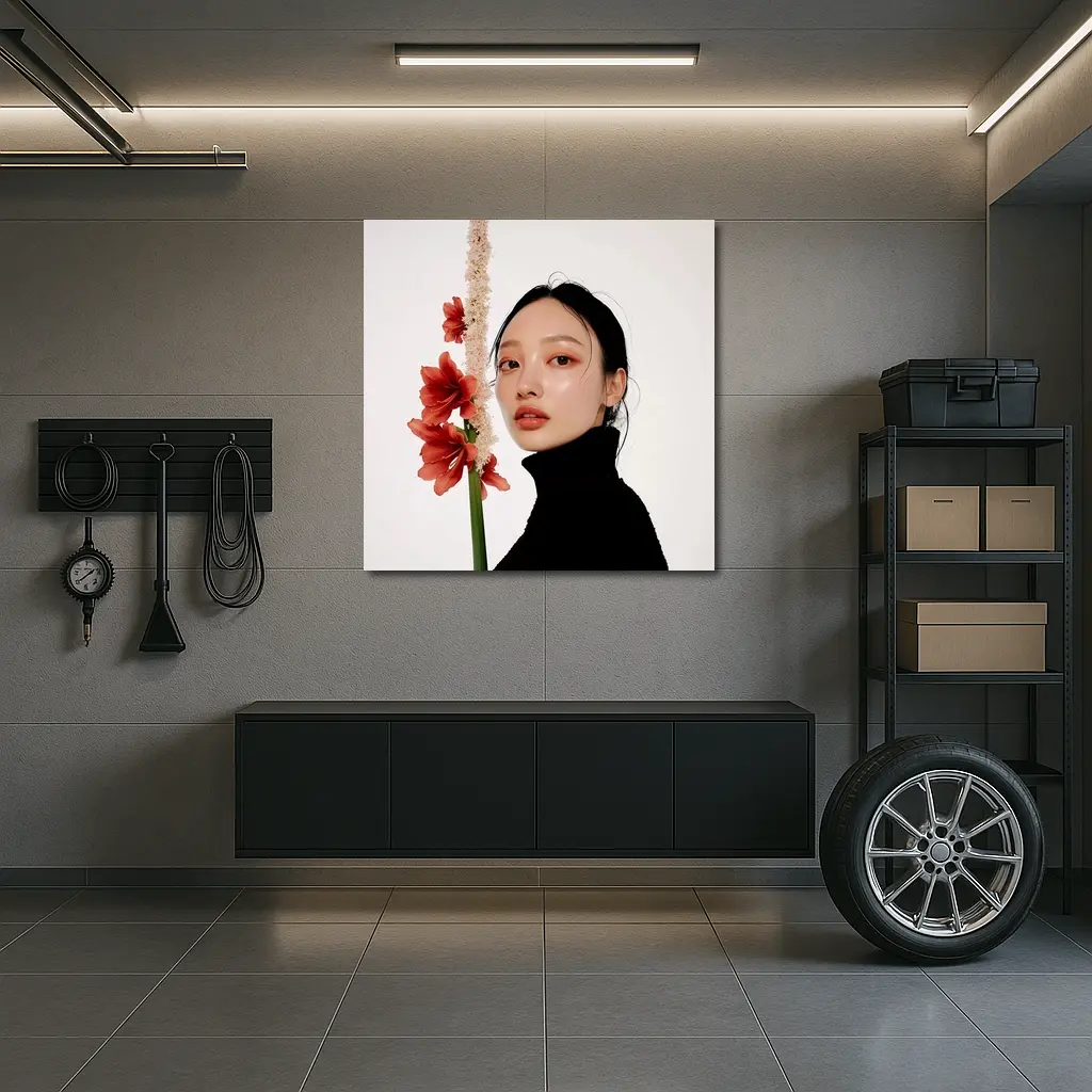 Asian Woman Portrait Red Amaryllis Flowers – Wall Art