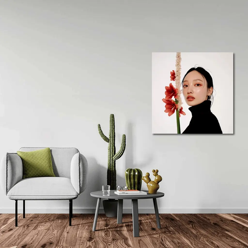 Asian Woman Portrait Red Amaryllis Flowers – Wall Art