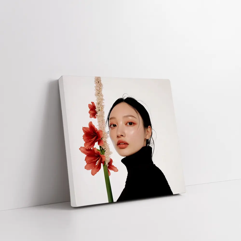 Asian Woman Portrait Red Amaryllis Flowers – Wall Art