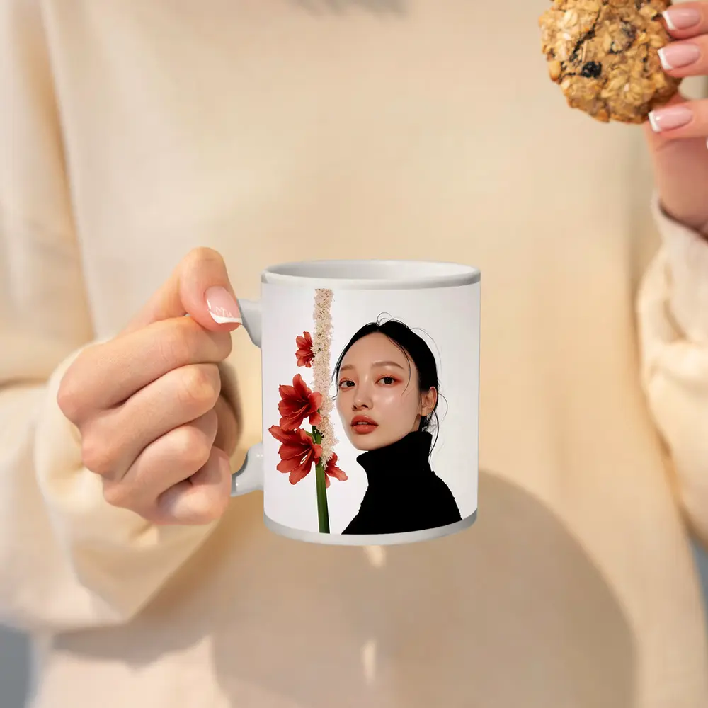 Asian Woman Portrait Red Amaryllis Flowers – Mugs