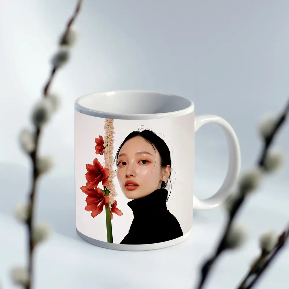 Asian Woman Portrait Red Amaryllis Flowers – Mugs