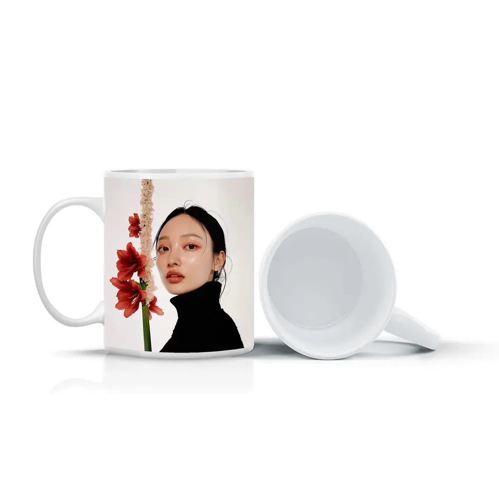 Asian Woman Portrait Red Amaryllis Flowers – Mugs