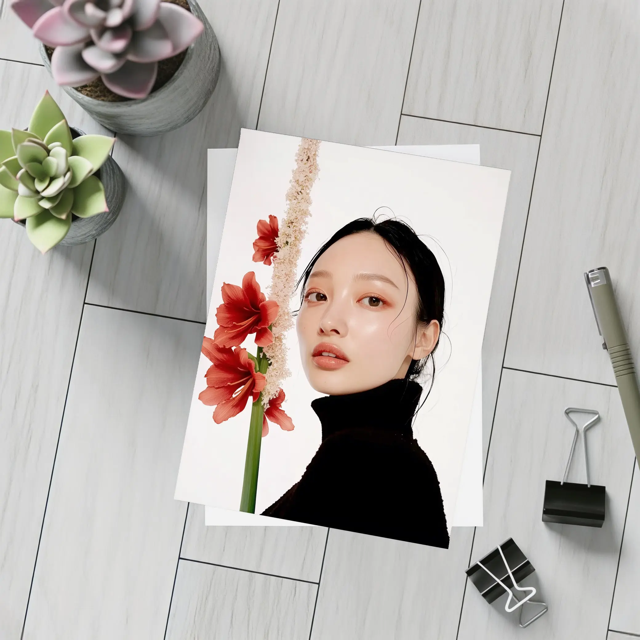Asian Woman Portrait Red Amaryllis Flowers – Postcards