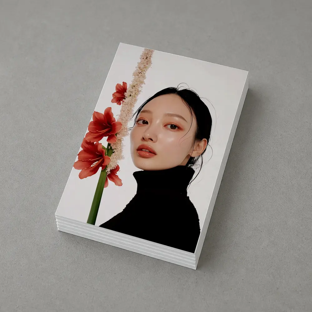 Asian Woman Portrait Red Amaryllis Flowers – Postcards