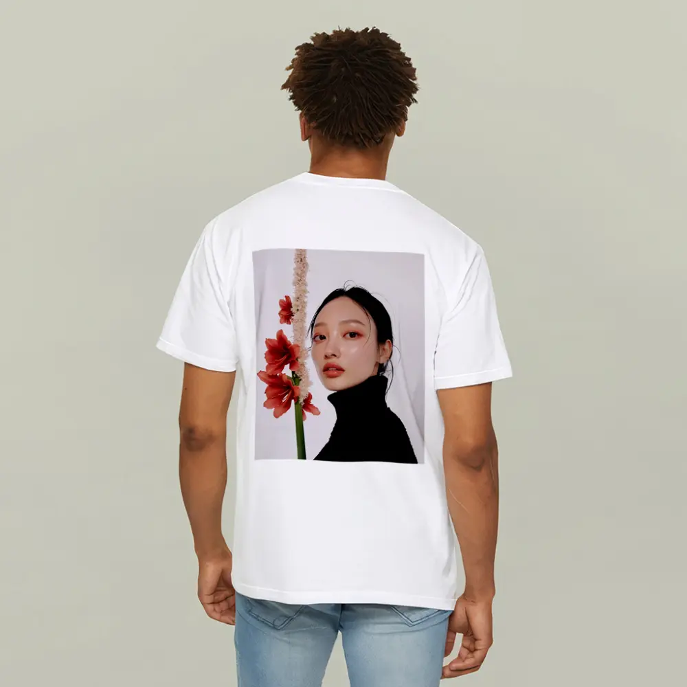 Asian Woman Portrait Red Amaryllis Flowers – T-Shirts