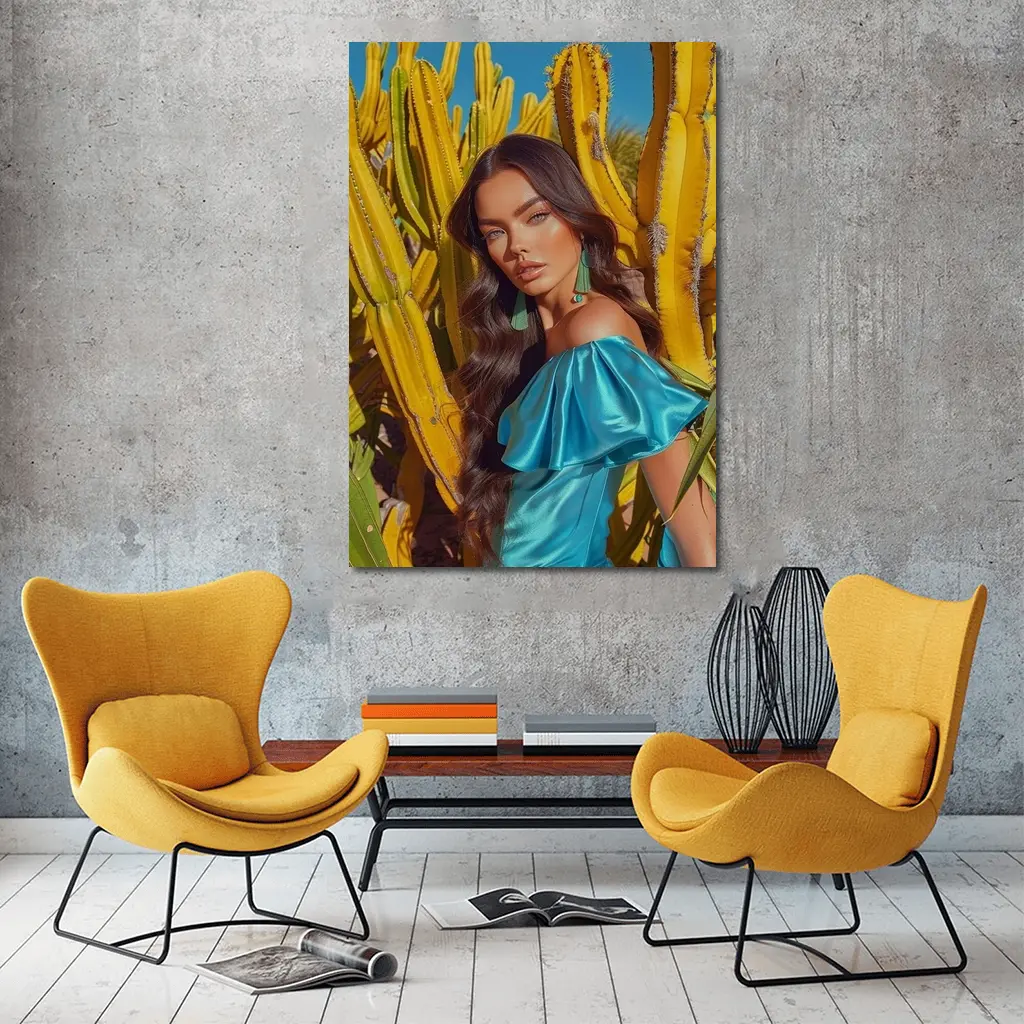 Woman Blue Dress Among Yellow Cacti – Wall Art
