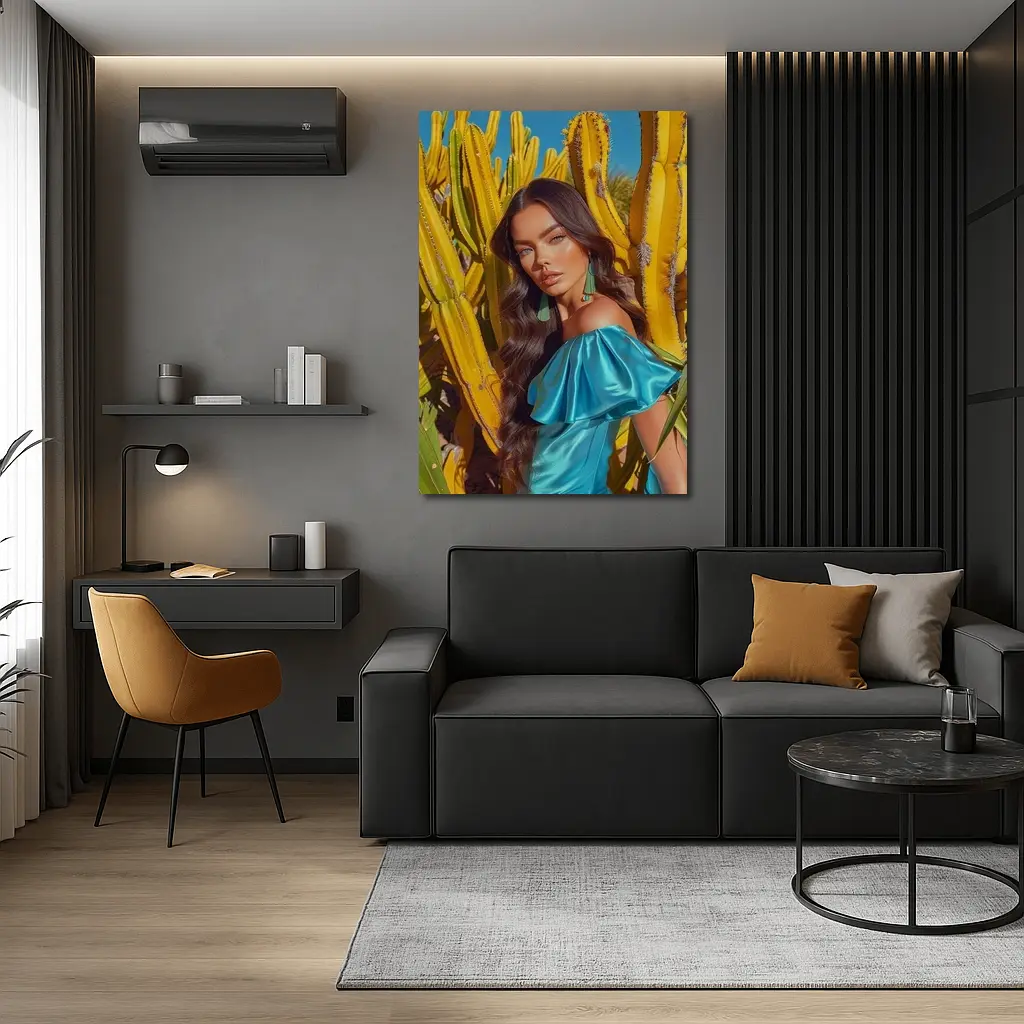 Woman Blue Dress Among Yellow Cacti – Wall Art