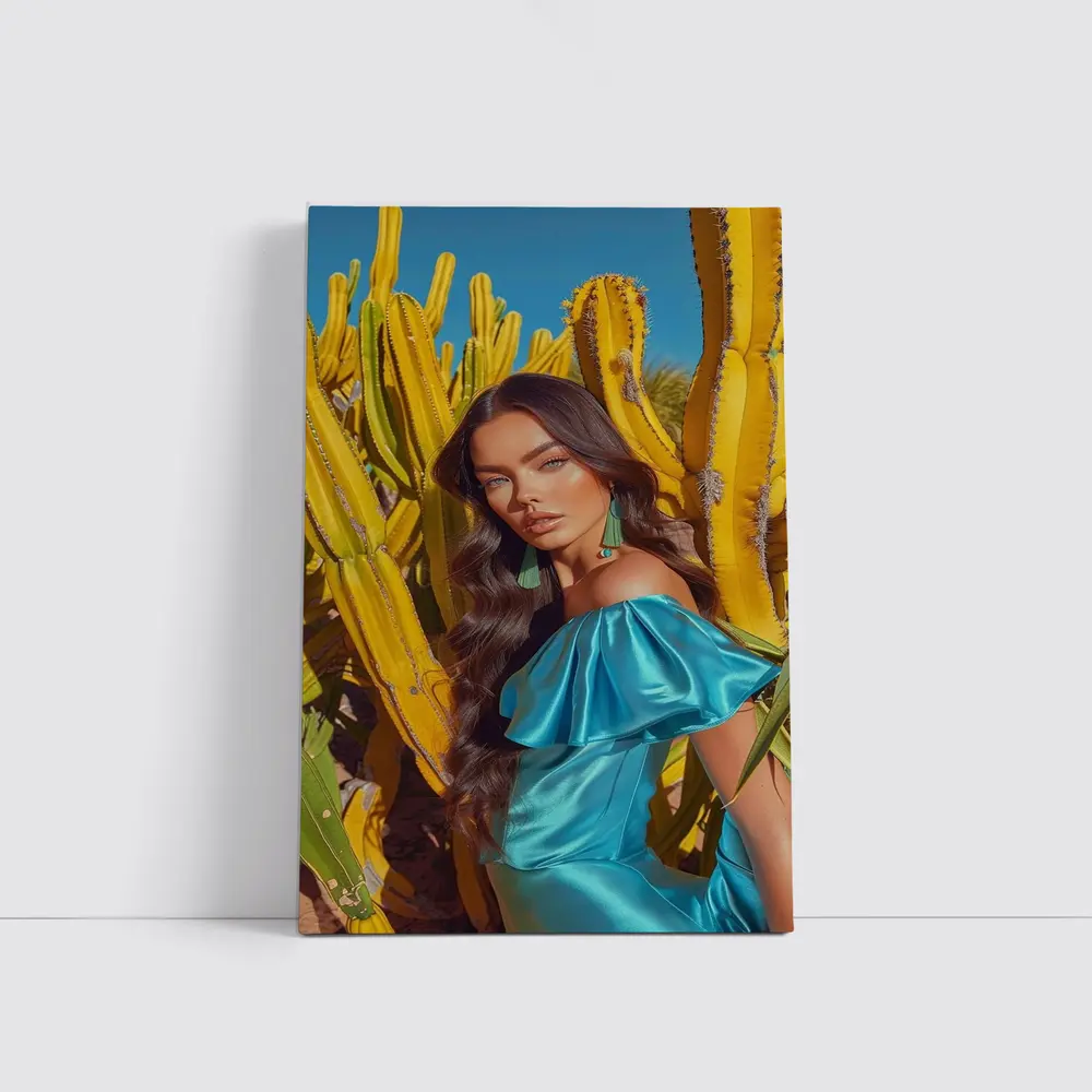 Woman Blue Dress Among Yellow Cacti – Wall Art
