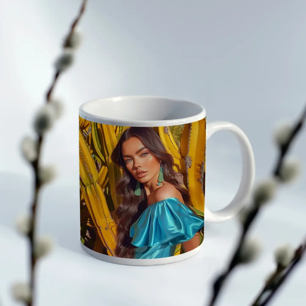 Woman Blue Dress Among Yellow Cacti – Mugs