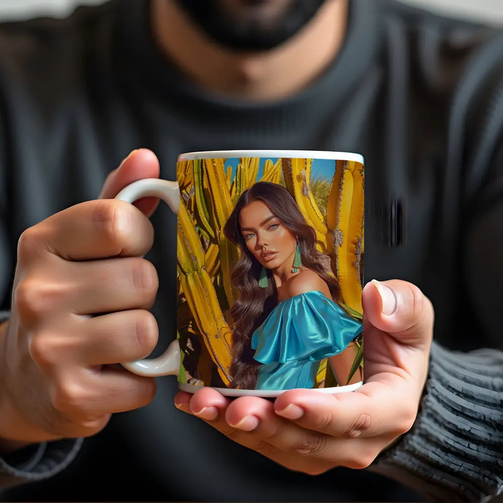 Woman Blue Dress Among Yellow Cacti – Mugs