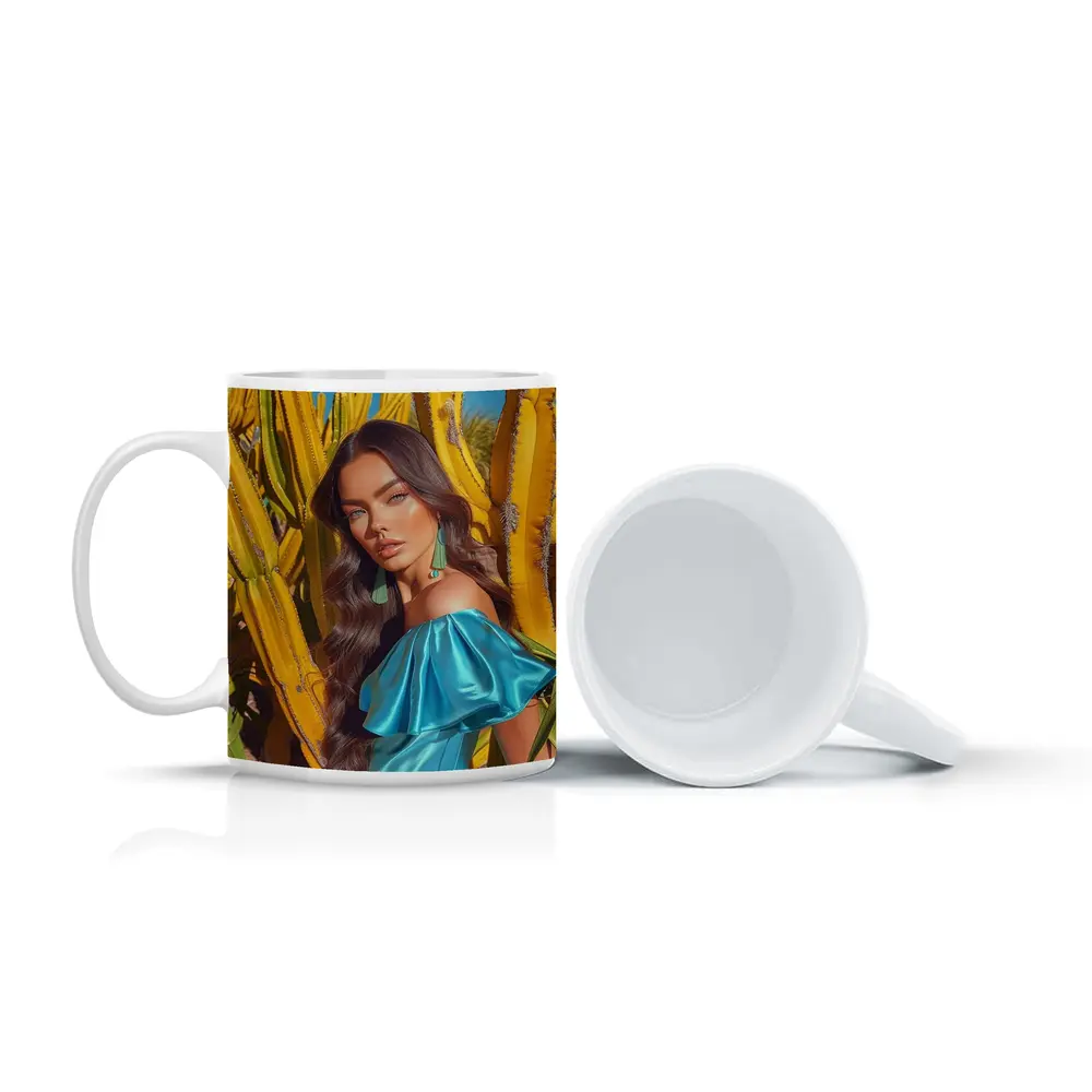 Woman Blue Dress Among Yellow Cacti – Mugs