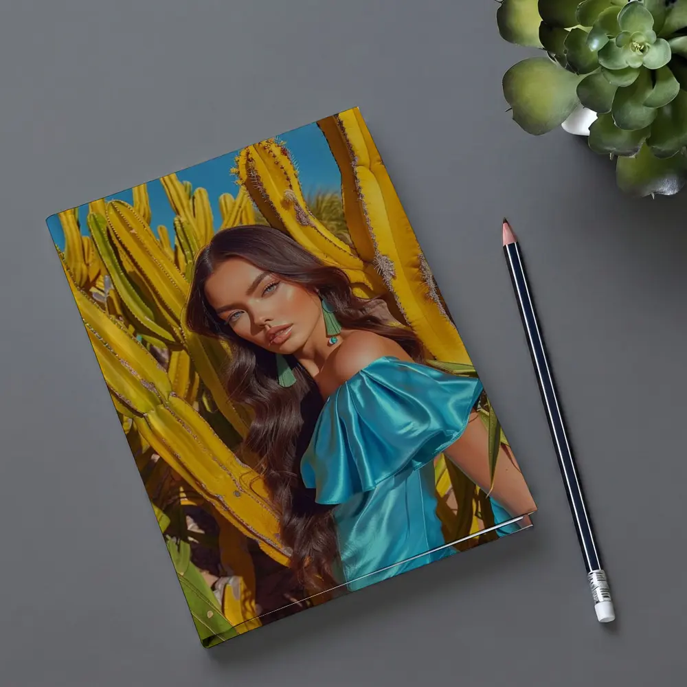Woman Blue Dress Among Yellow Cacti – Notebooks