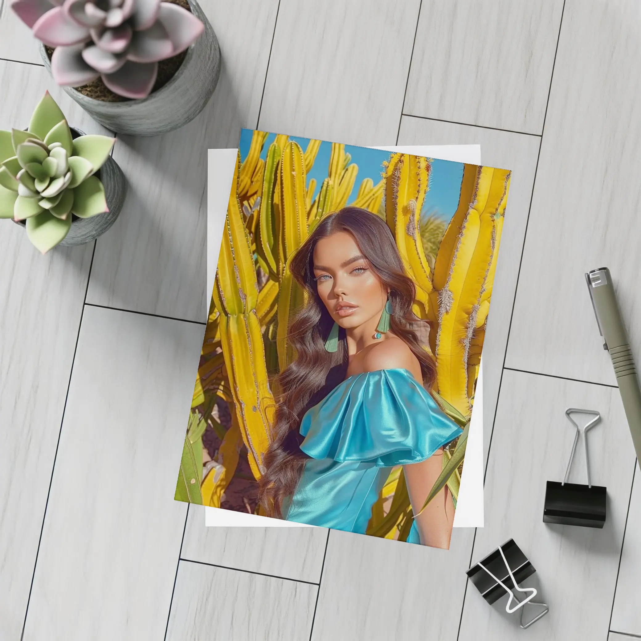 Woman Blue Dress Among Yellow Cacti – Postcards