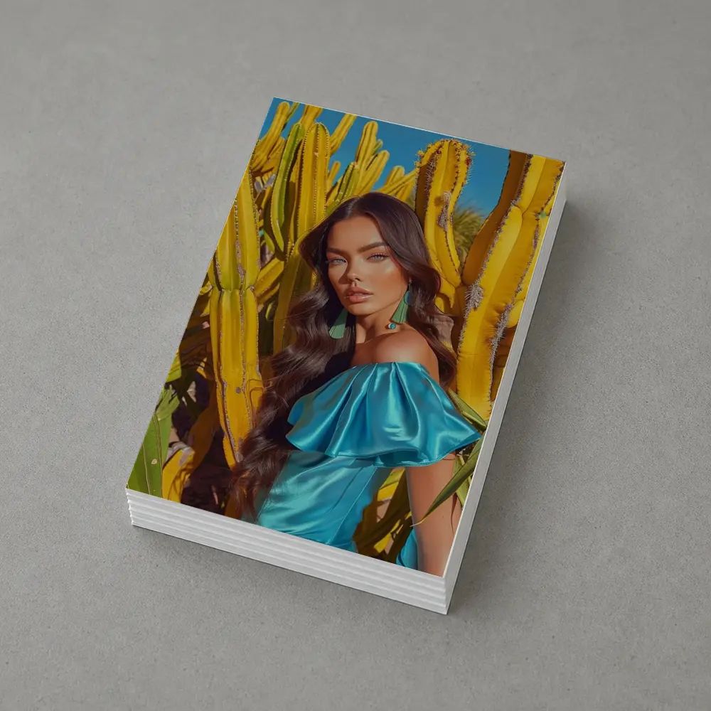 Woman Blue Dress Among Yellow Cacti – Postcards