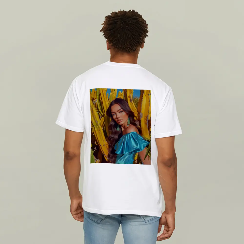 Woman Blue Dress Among Yellow Cacti – T-Shirts