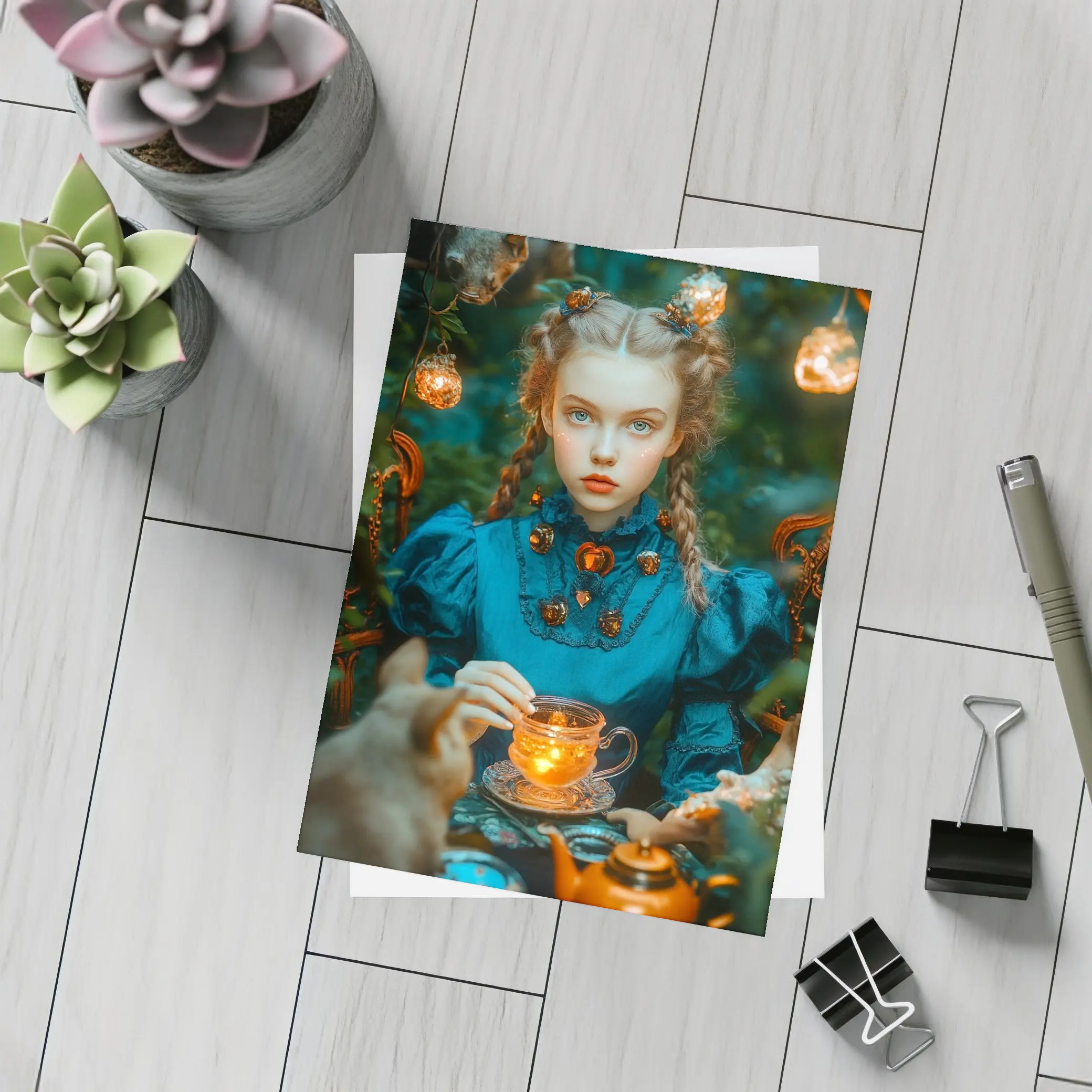 Girl in Blue Dress Magical Tea Party – Postcards