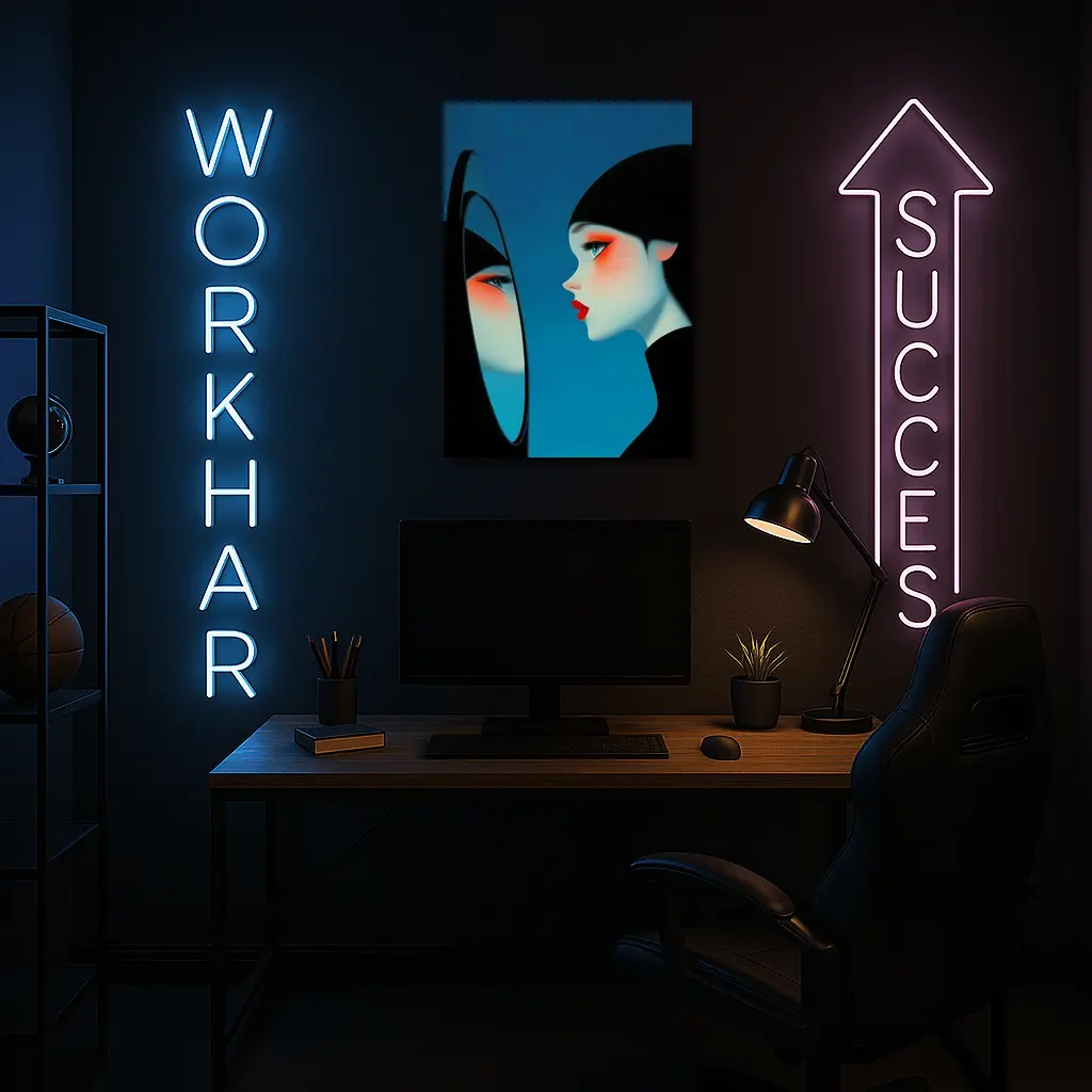 Woman Looking Into Mirror Blue Background – Wall Art