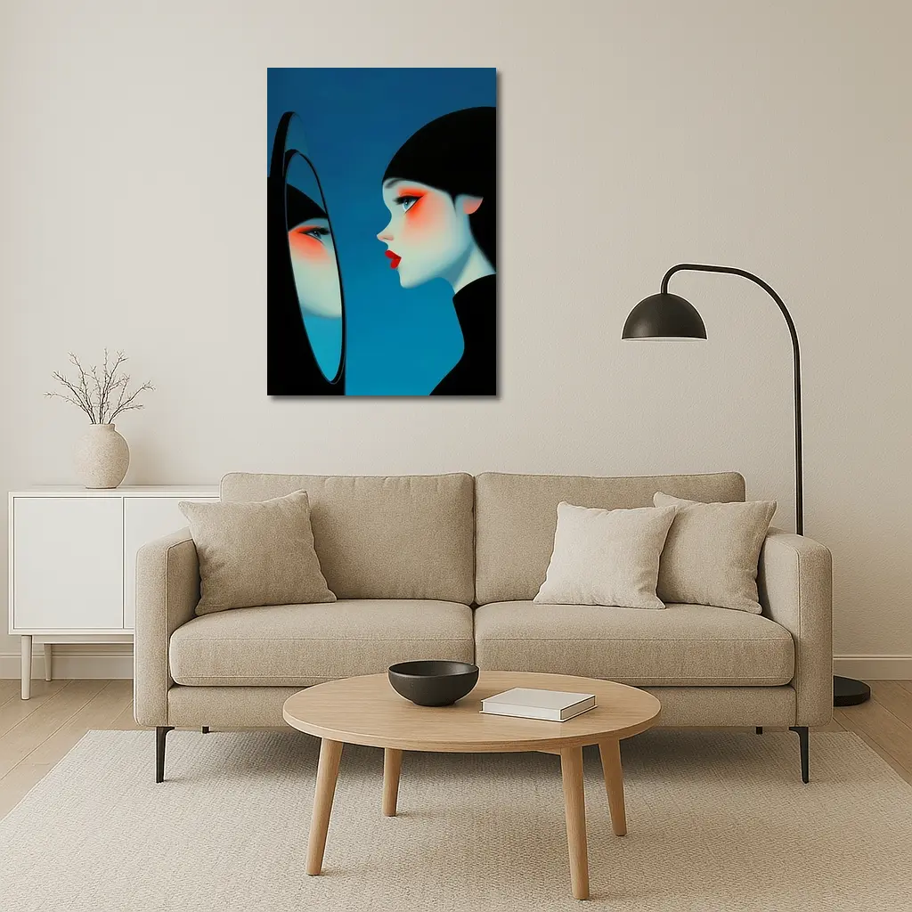 Woman Looking Into Mirror Blue Background – Wall Art