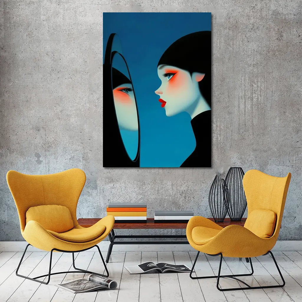 Woman Looking Into Mirror Blue Background – Wall Art