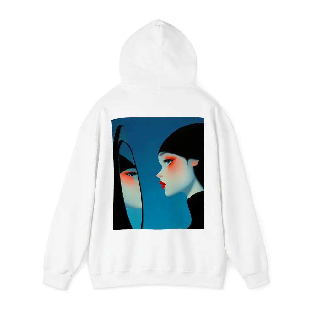 Woman Looking Into Mirror Blue Background – Hoodies