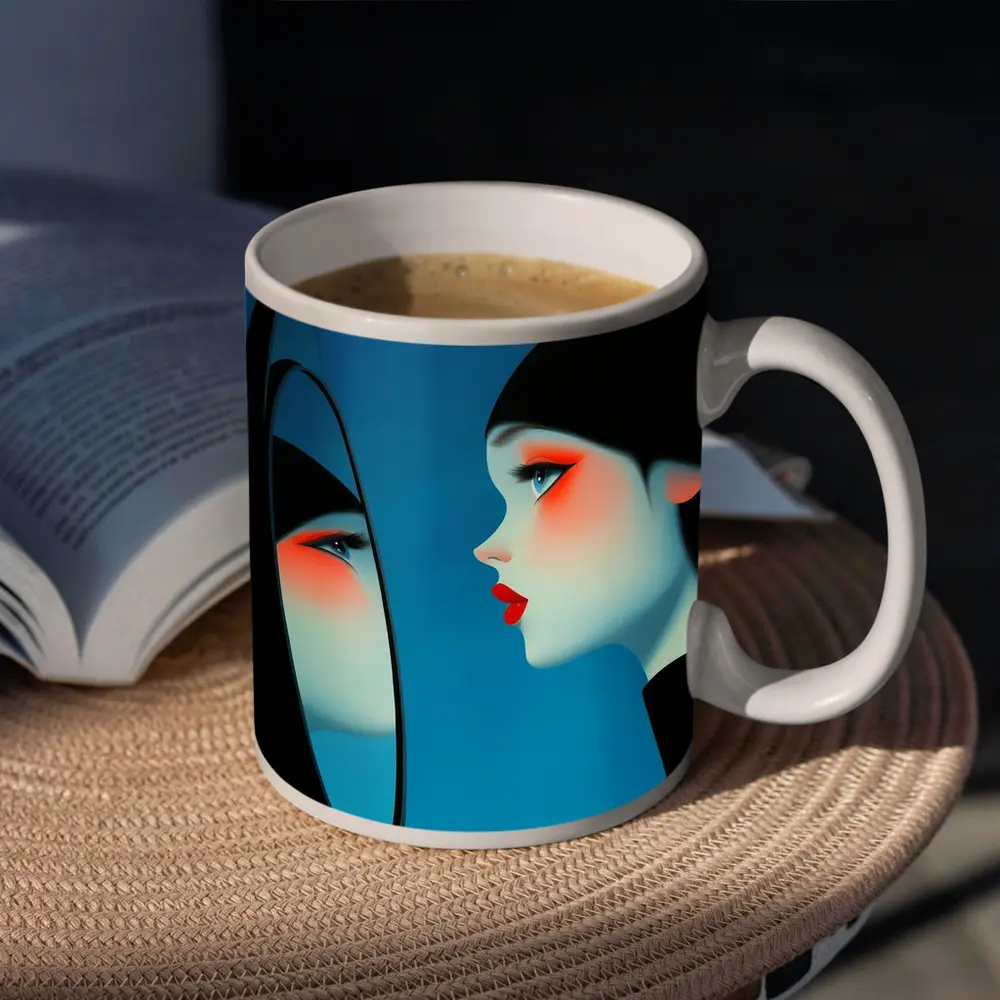 Woman Looking Into Mirror Blue Background – Mugs