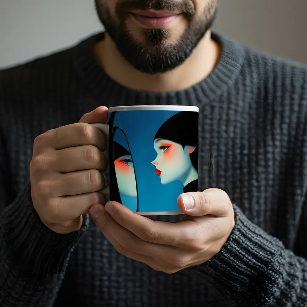 Woman Looking Into Mirror Blue Background – Mugs