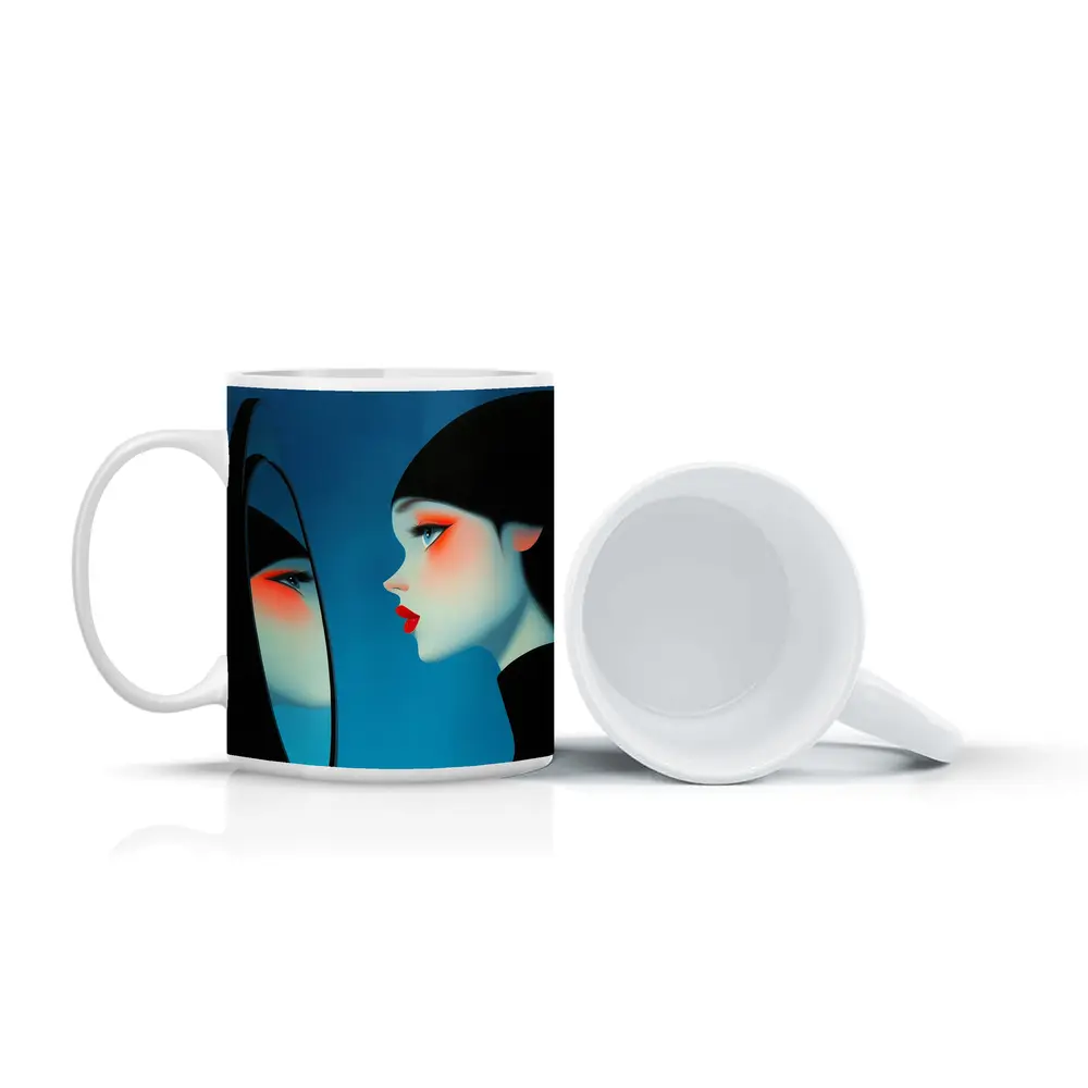Woman Looking Into Mirror Blue Background – Mugs