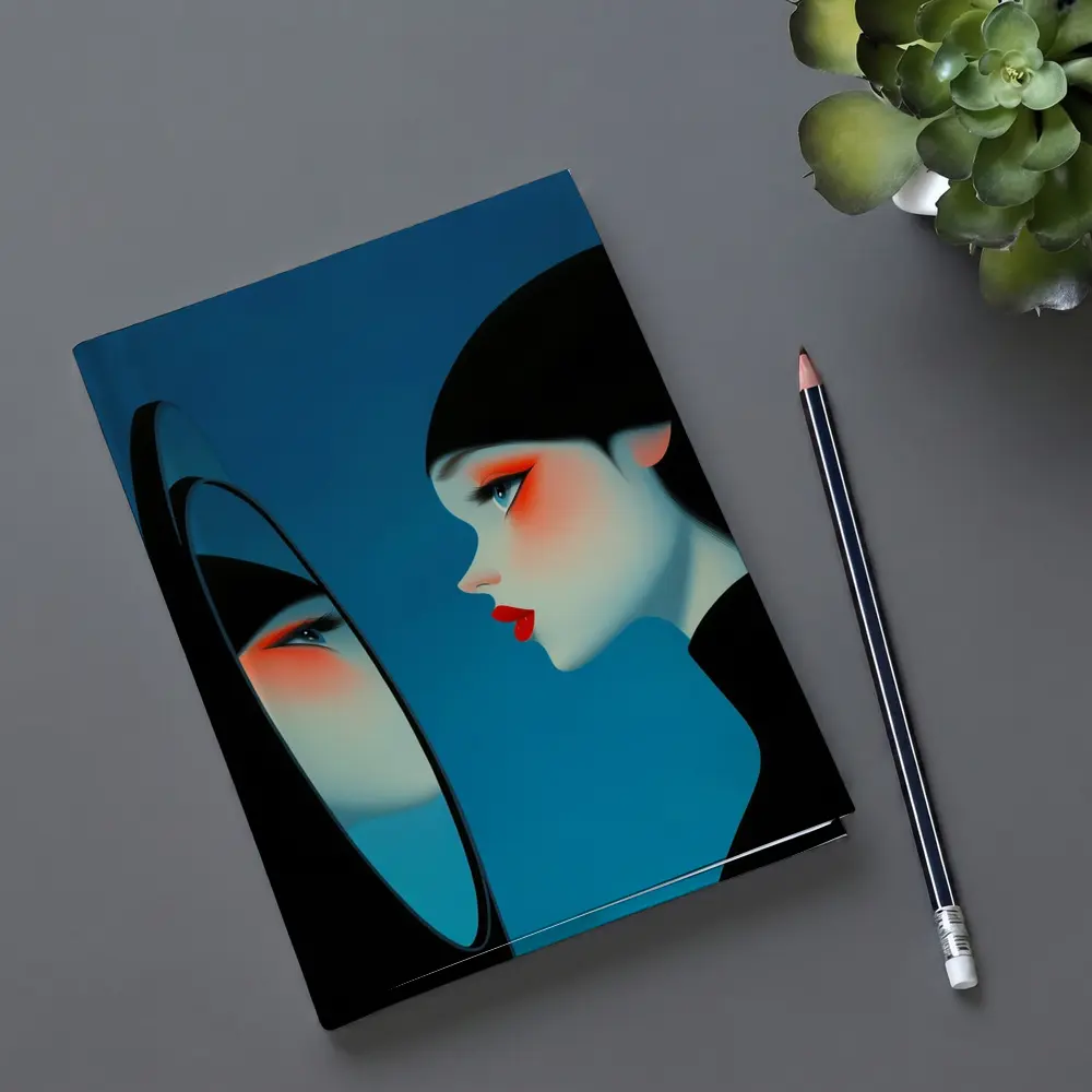 Woman Looking Into Mirror Blue Background – Notebooks