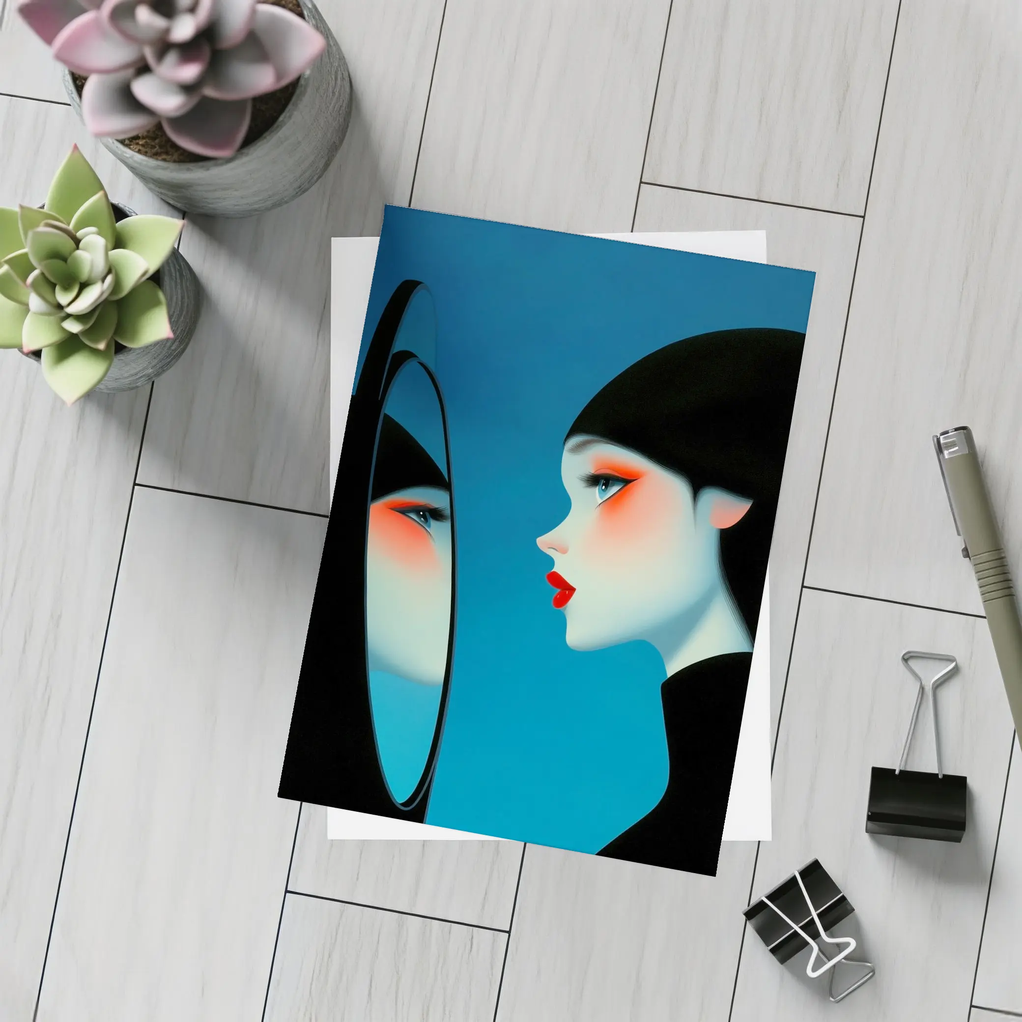 Woman Looking Into Mirror Blue Background – Postcards