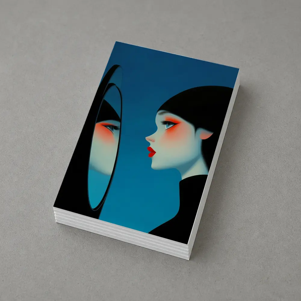Woman Looking Into Mirror Blue Background – Postcards