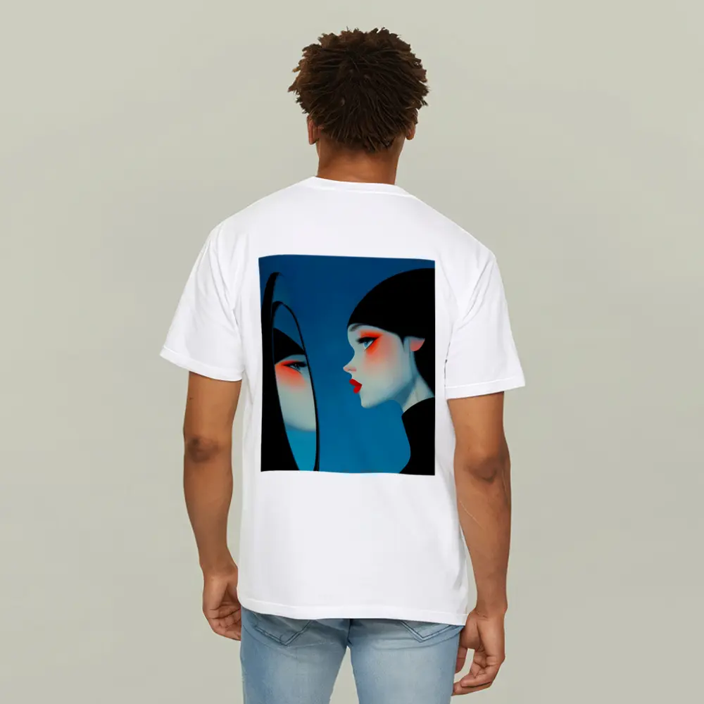 Woman Looking Into Mirror Blue Background – T-Shirts