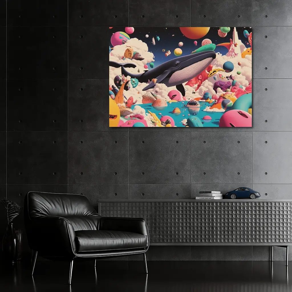 Blue Whale Flying Through Surreal Candy World – Wall Art